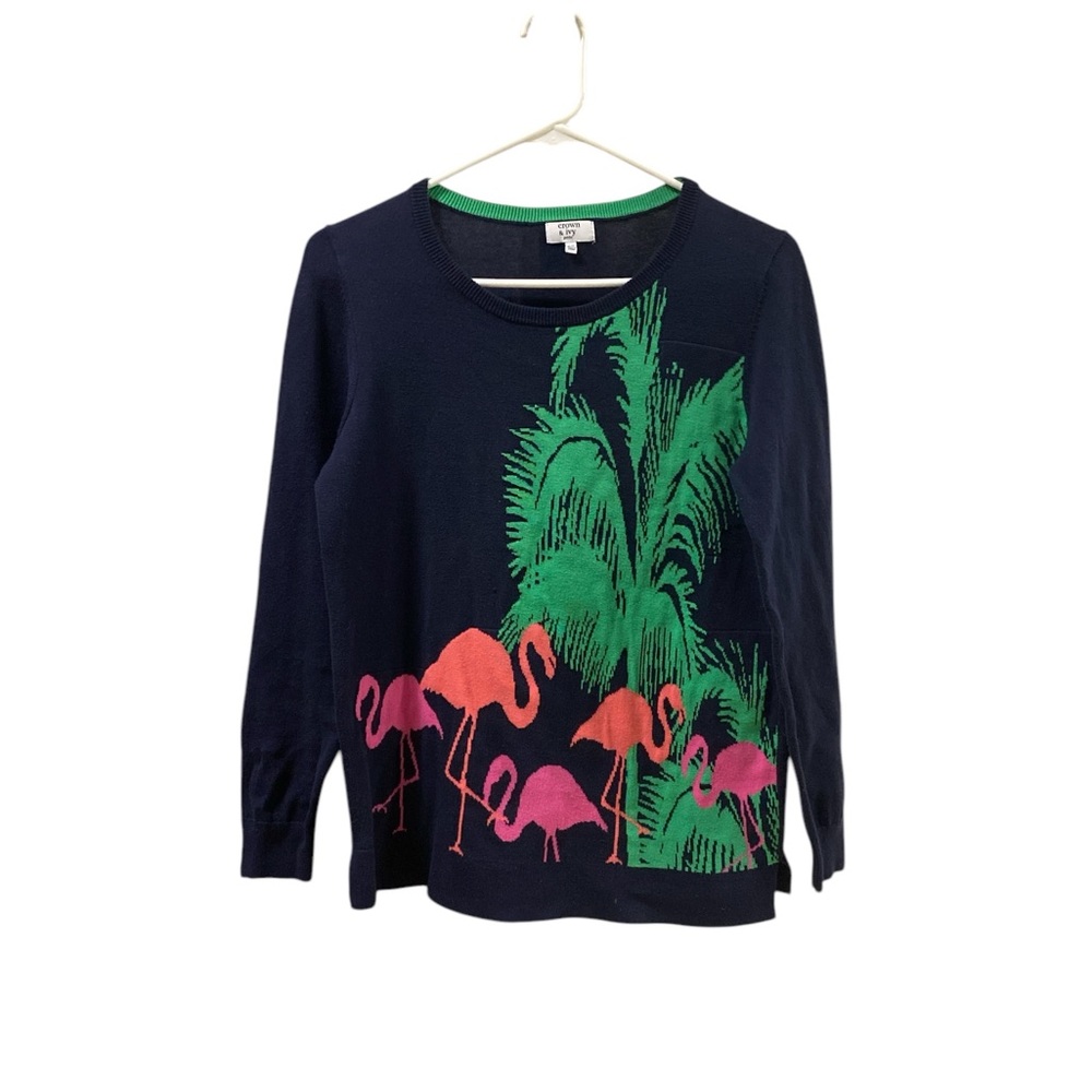 Crown & Ivy Women’s Navy Sweater Size M Flamingo Palm Design Size M Lightweight